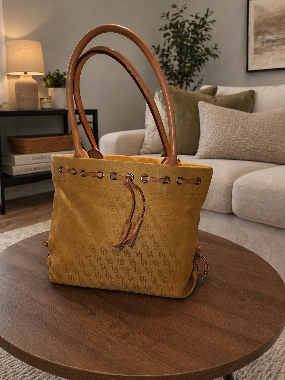 Dooney & Bourke Mustard Tote with Brown Leather Handles